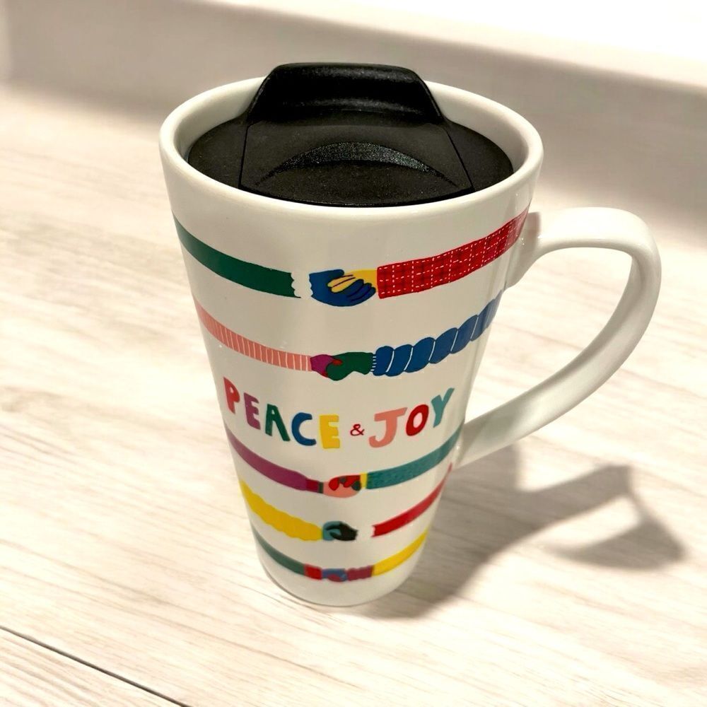 Peace & Joy travel mug with handle by St. Nicholas Square